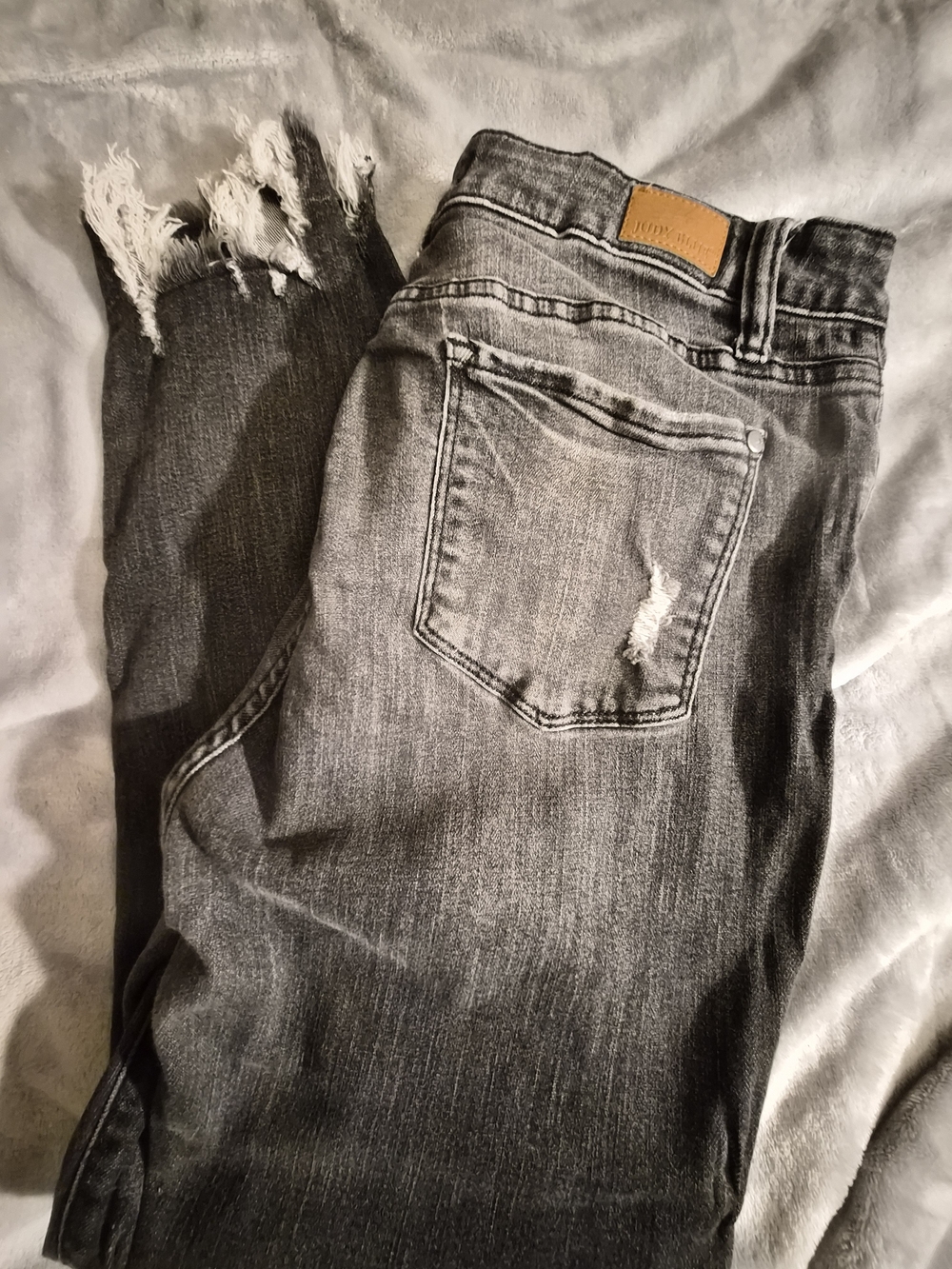 Judy Blue Distressed Skinny Jeans 13 31 Grey High Rise Button Fly Raw Fringe Hem